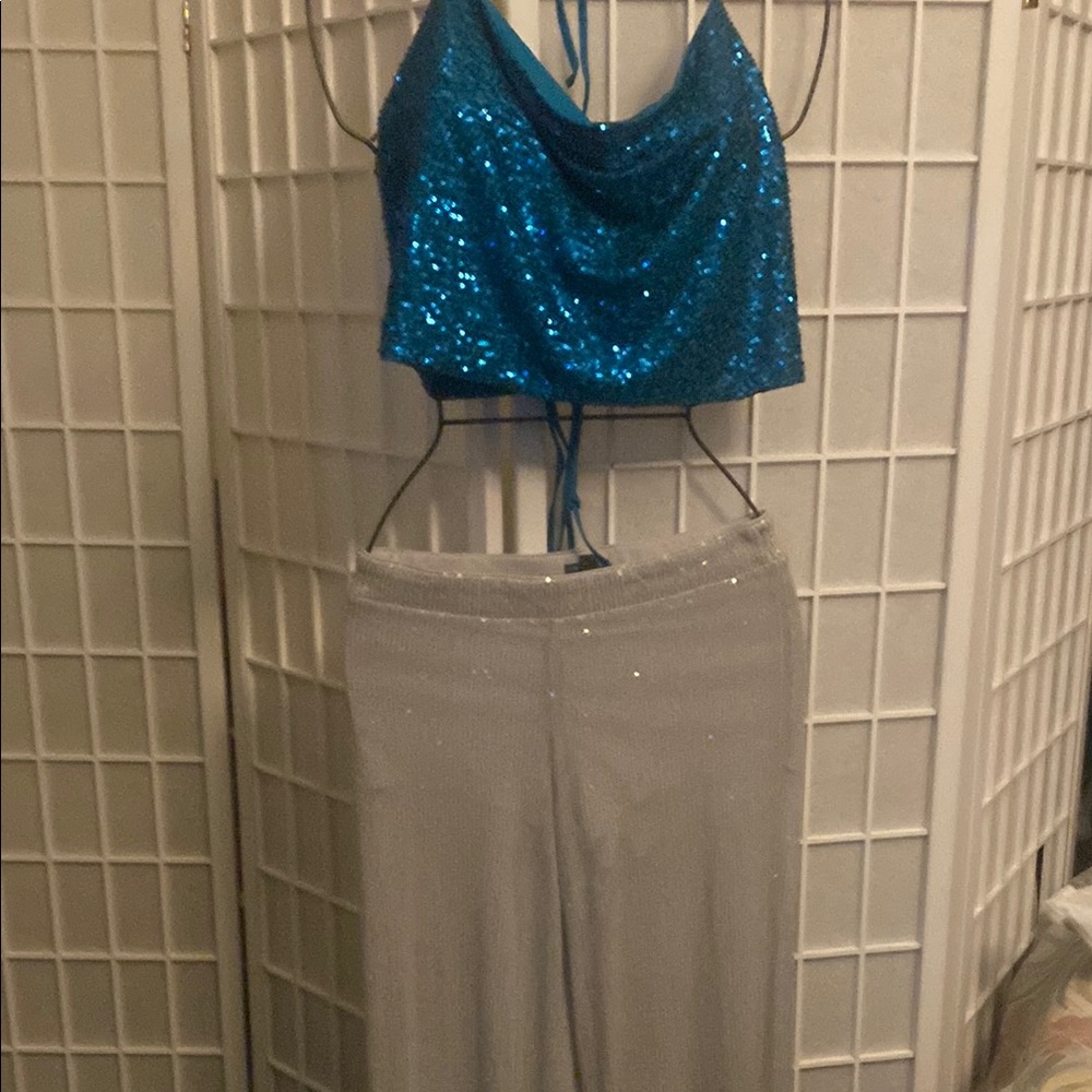 Sparkling Blue Sequin Top with Elegant Gray Wide Leg Pants